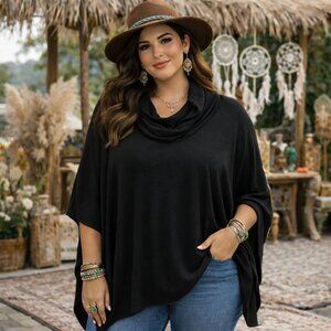 Terra Sky Hacci Knit Poncho Sweater 1X Black Cowl Neck Oversized Comfy Plus New